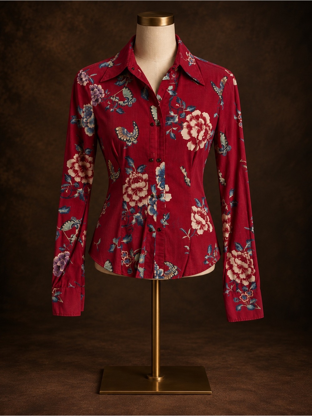 Just Cavalli Red Floral Long Sleeve Button-Up Shirt XS Cotton Womens